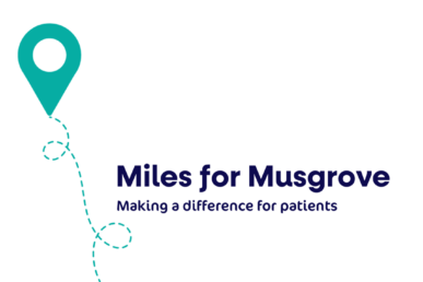 a white background, with the words 'Miles for Musgrove, making a difference for patients' is written in navy blue. Top left corner is a light teal-coloured location pin, with a dotted line trailing and swirling down and across the image