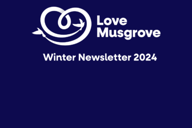 Navy background with with Love Musgrove Logo and writing that reads Winter Newsletter 2024