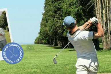 A golfer after hitting the golf ball, and a smaller image of a golf team holding a charity-branded selfie frame